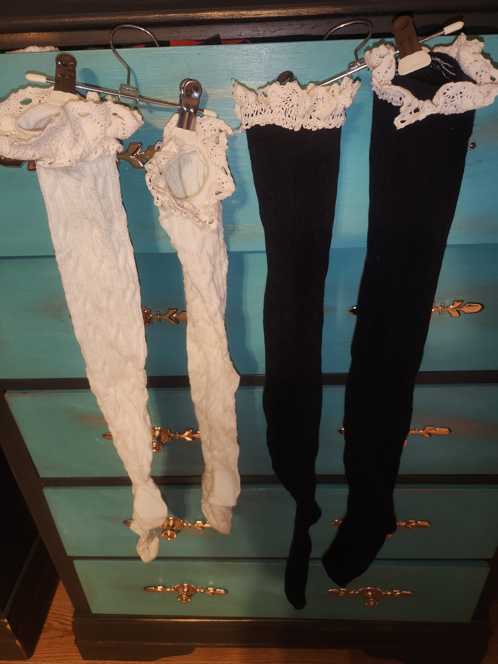 Lace-Trim Cable Knit Over-the-Knee Socks - Black & Ivory
